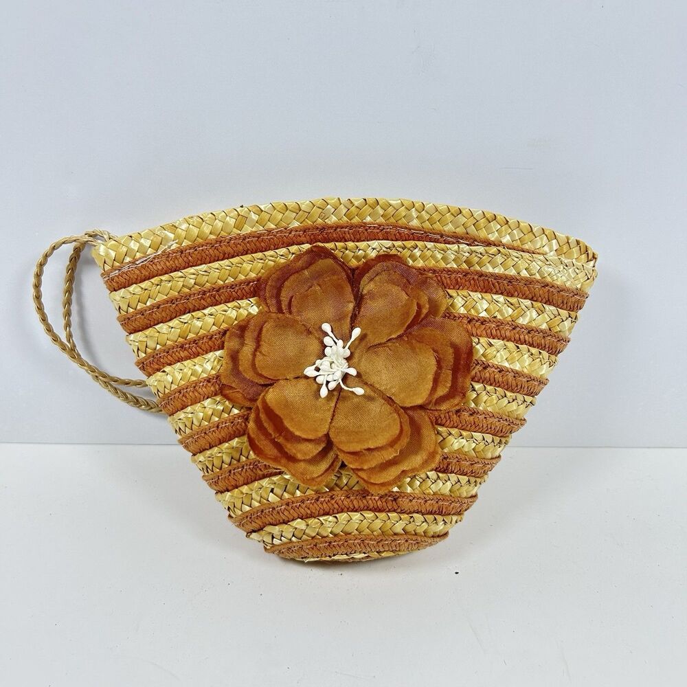 Vintage Woven Straw Wristlet Clutch Pouch Brown Fabric Flower Summer Boho